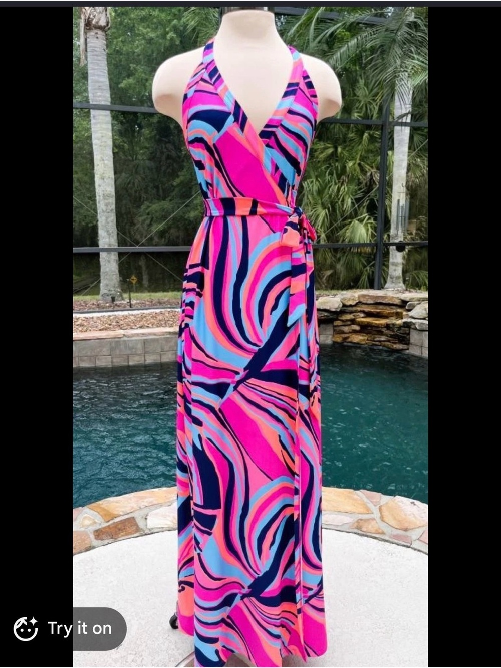 JB by Julie Brown Pink Navy Aqua Halter Wrap Maxi Dress